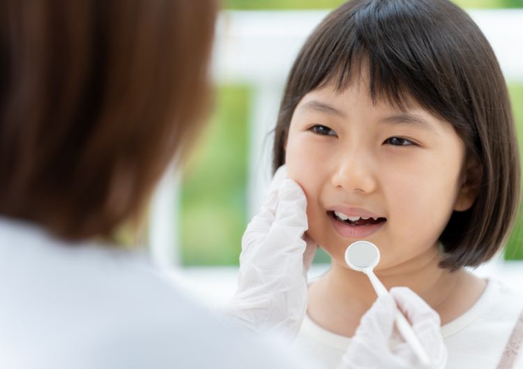 歯科医師に診てもらう小学生の女の子の写真