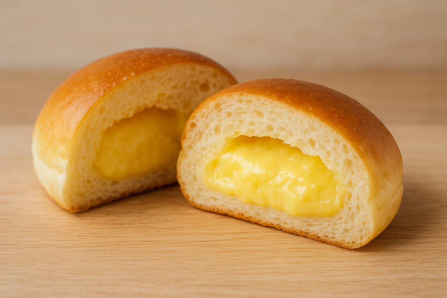 半分に割ったクリームパンの断面。自家製カスタードが見える。